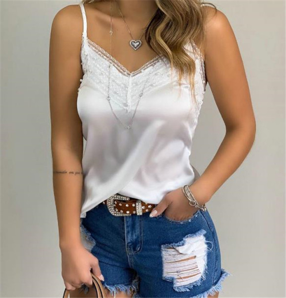 Šiuolaikinės moteriškos satino viršutinės juostos su nėriniais ir plonais petnešėlėmis