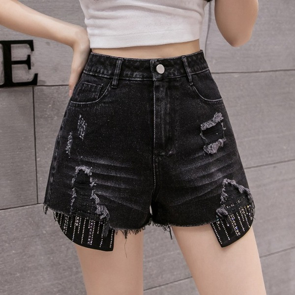 Juodi džinsiniai šortai su plėšytais motyvais ir aukštu juosmeniu