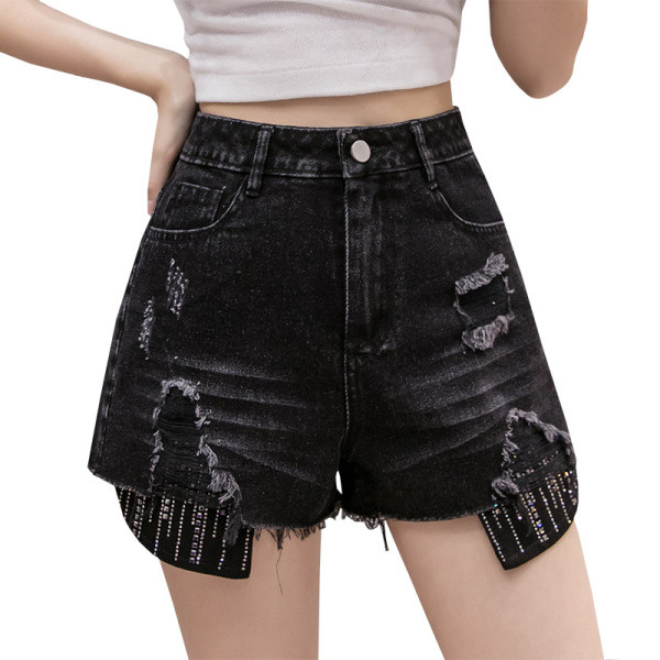 Juodi džinsiniai šortai su plėšytais motyvais ir aukštu juosmeniu