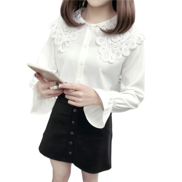 Šiuolaikiški moteriški marškiniai su nėriniuota apykakle ir lotoso rankovėmis