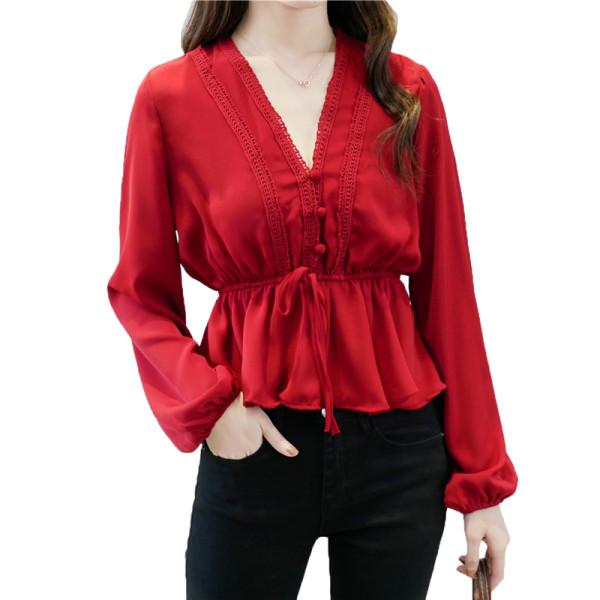 Naujo modelio moteriška palaidinė su špico iškirpte ir ilgomis rankovėmis