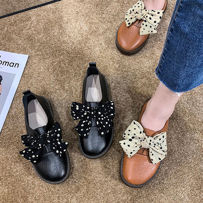Pantofi casual dama din piele cu panglica