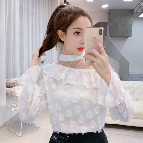 Stilinga moteriška palaidinė pusiau aukšta apykakle ir ilgomis rankovėmis