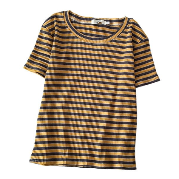 Paprasti moteriški dryžuoti marškinėliai apvalia iškirpte