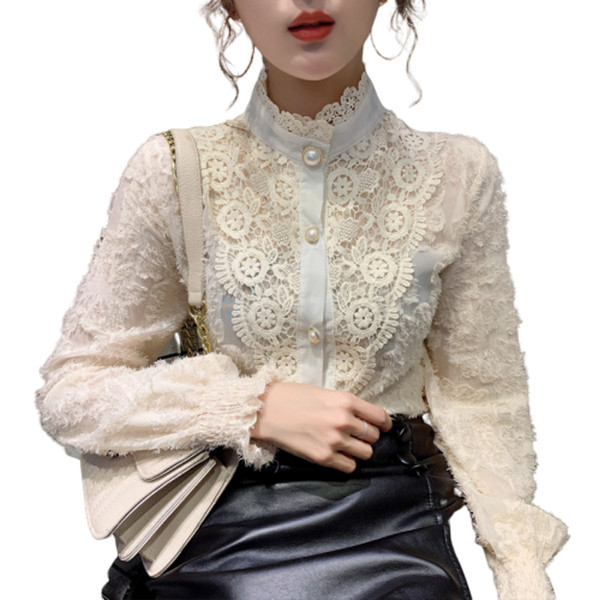 Moteriški nėriniuoti marškiniai su pusiau aukšta apykakle ir perlamutrinėmis sagomis