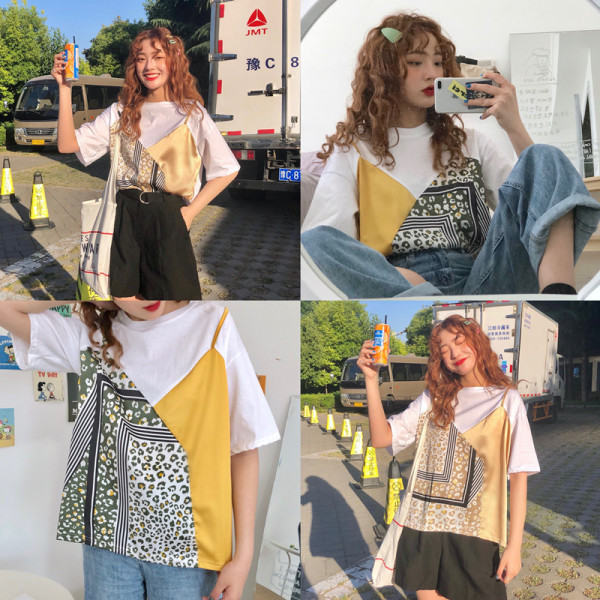 Platūs moteriški marškinėliai su apatinės dalies imitacija