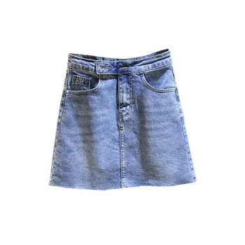 Mėlynos spalvos moteriškas džinsinis sijonas aukštu juosmeniu A formos