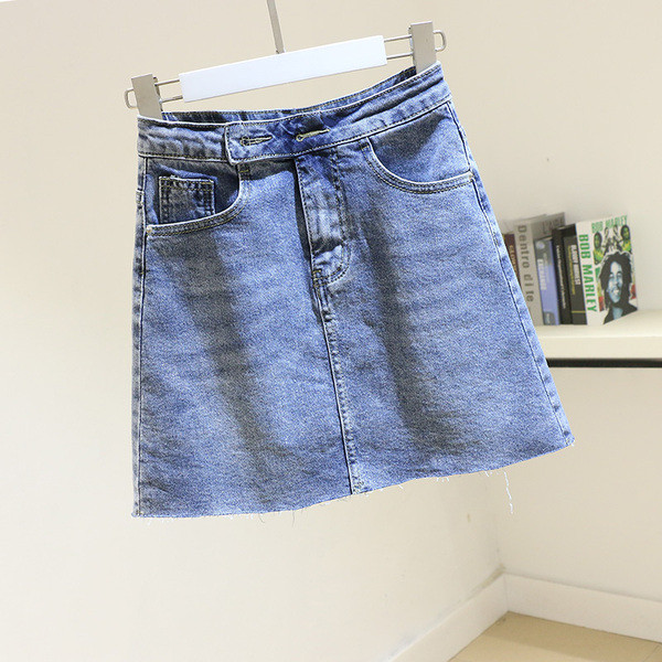 Mėlynos spalvos moteriškas džinsinis sijonas aukštu juosmeniu A formos