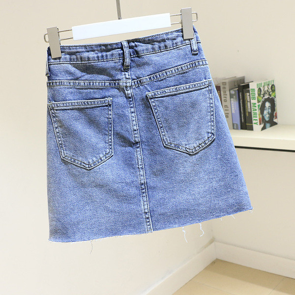 Mėlynos spalvos moteriškas džinsinis sijonas aukštu juosmeniu A formos