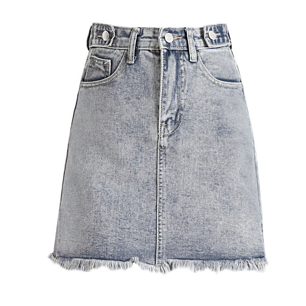 Mėlynos spalvos moteriškas džinsinis sijonas su kišene ir aukštu juosmeniu