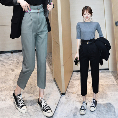 Модерен дамски панталон с висока талия и кожен колан 