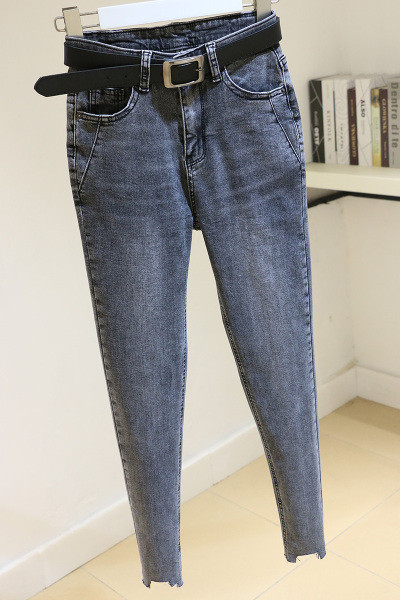 Modernūs moteriški džinsai Slim-modelis aukštu juosmeniu ir diržu