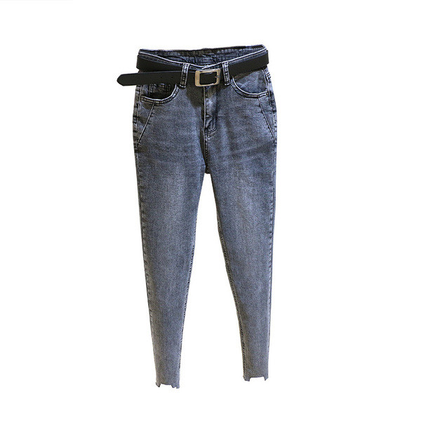 Modernūs moteriški džinsai Slim-modelis aukštu juosmeniu ir diržu