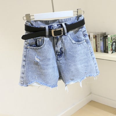 Moteriški džinsiniai šortai aukštu liemeniu ir suplėšytais motyvais