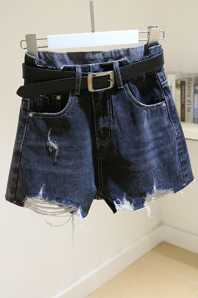 Moteriški džinsiniai šortai aukštu liemeniu ir suplėšytais motyvais