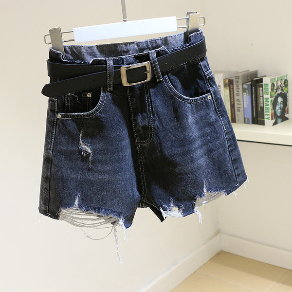 Moteriški džinsiniai šortai aukštu liemeniu ir suplėšytais motyvais