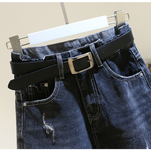 Moteriški džinsiniai šortai aukštu liemeniu ir suplėšytais motyvais