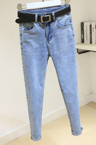 Дамски дънки с висока талия Slim -модел в син цвят