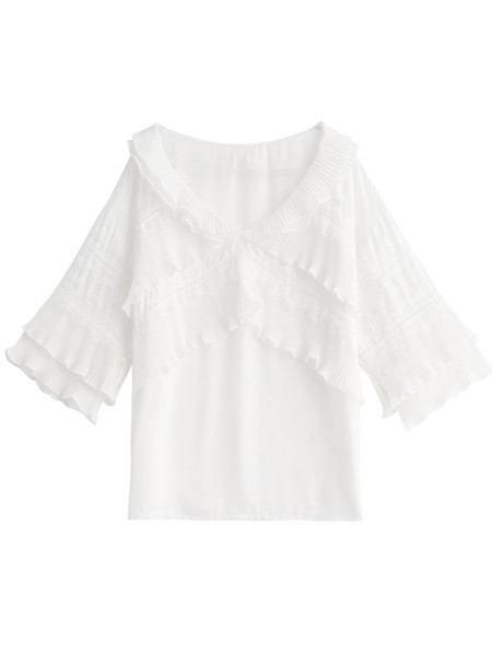 Šiuolaikinė moteriška palaidinė su 7/8 rankovėmis ir špico iškirpte