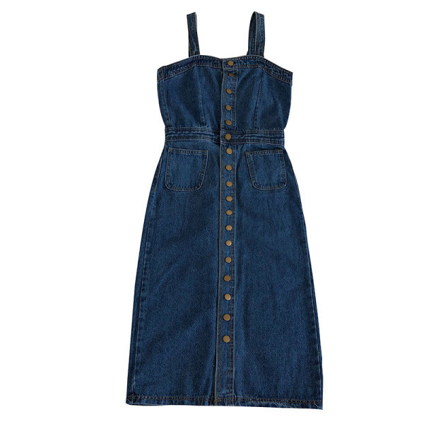 Moteriška džinsinė suknelė su petnešėlėmis, sagomis ir kišenėmis