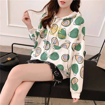 Naujas kasdienių moteriškų megztinių modelis su gobtuvu ir avokado raštu