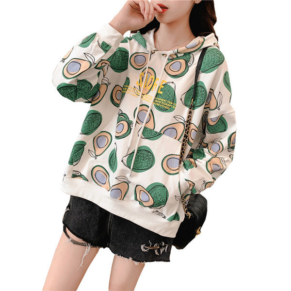 Naujas kasdienių moteriškų megztinių modelis su gobtuvu ir avokado raštu