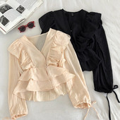 Šiuolaikiniai iškirpti moteriški marškiniai ilgomis rankovėmis ir V formos iškirpte