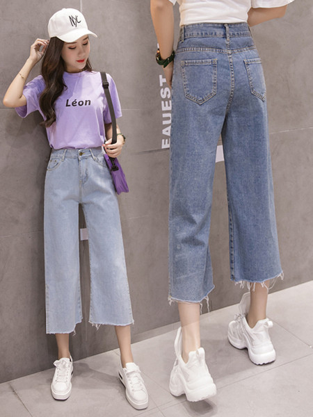 Moteriški platūs džinsai aukštu juosmeniu ir 7/8 ilgio