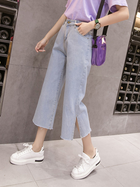 Moteriški platūs džinsai aukštu juosmeniu ir 7/8 ilgio