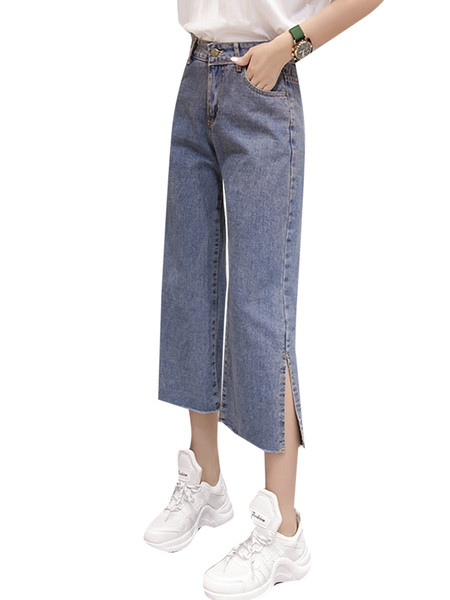 Moteriški platūs džinsai aukštu juosmeniu ir 7/8 ilgio