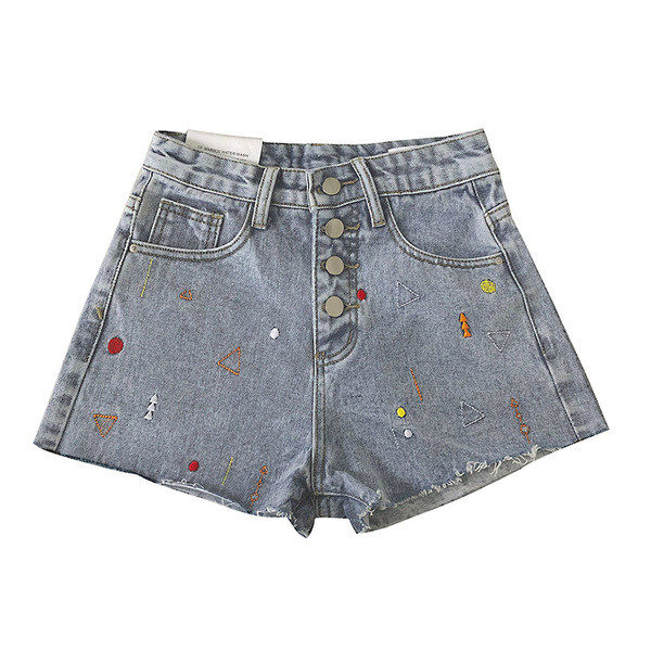 Džinsiniai šortai aukštu juosmeniu, sagos ir siuvinėjimai