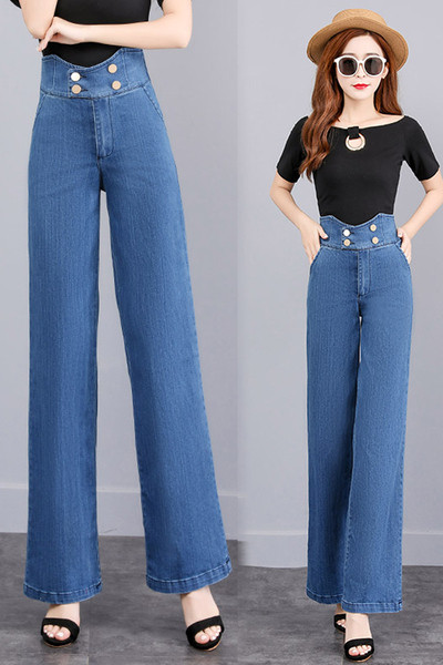 Platūs moteriški džinsai aukštu juosmeniu ir sagomis