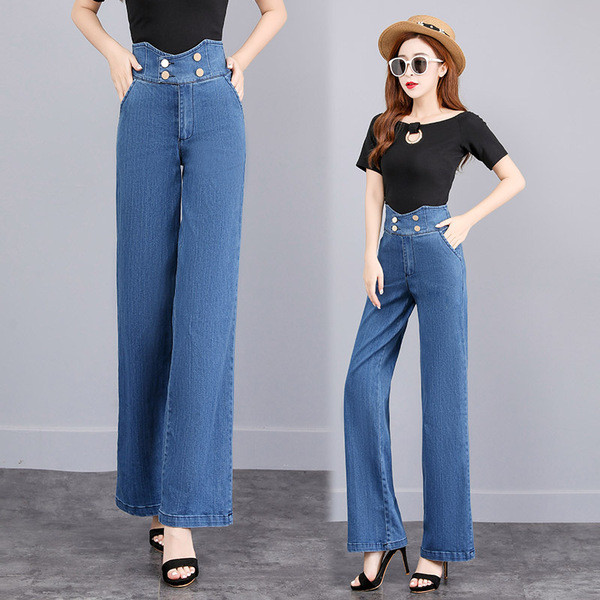 Platūs moteriški džinsai aukštu juosmeniu ir sagomis