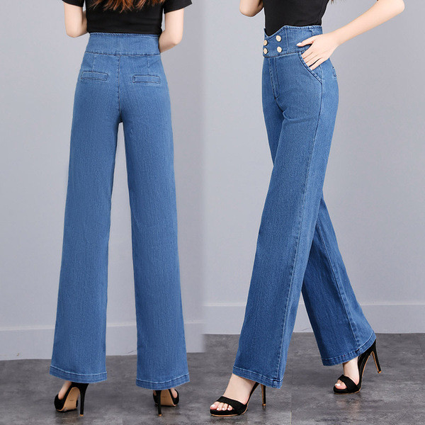 Platūs moteriški džinsai aukštu juosmeniu ir sagomis