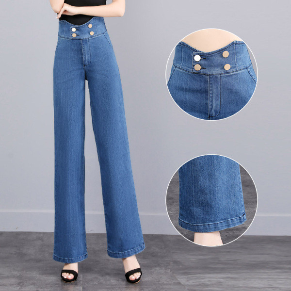 Platūs moteriški džinsai aukštu juosmeniu ir sagomis