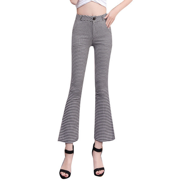 Pantaloni dama in carouri cu buzunare si talie inalta