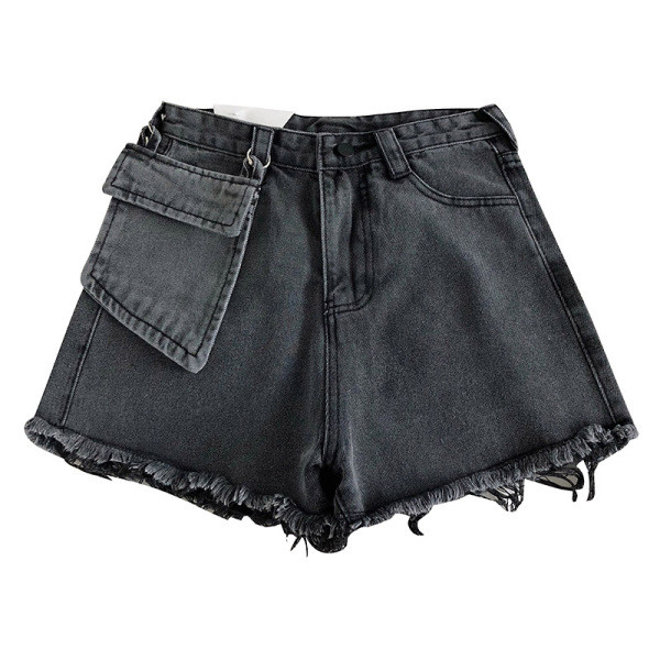 Džinsiniai šortai aukštu juosmeniu ir pakabinama kišene