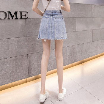 Дамска ежедневна къса дънкова пола с джобове и висока талия