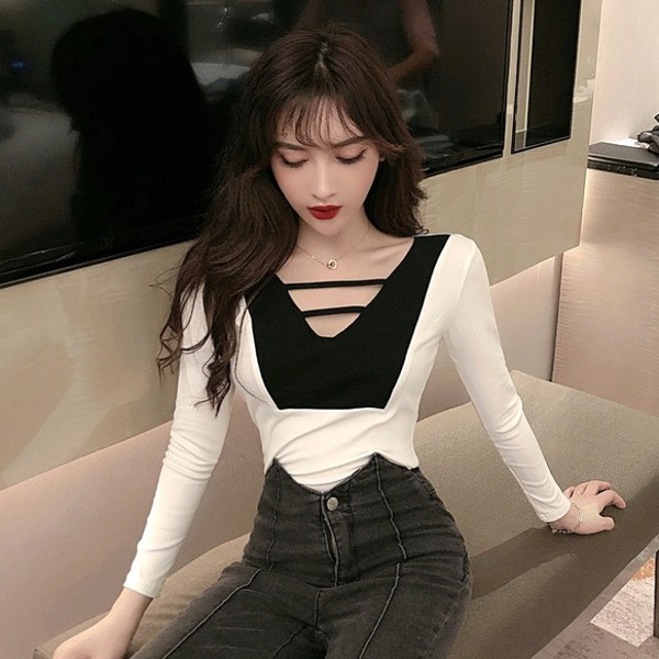 Bluză de damă în două culori, cu decolteu spitz