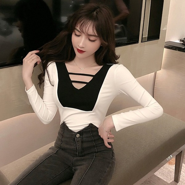 Bluză de damă în două culori, cu decolteu spitz