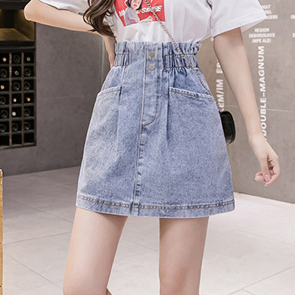 Laisvalaikis moteriškas džinsinis sijonas su elastingu juosmeniu ir kišenėmis