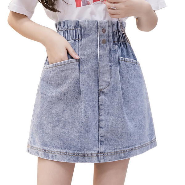 Laisvalaikis moteriškas džinsinis sijonas su elastingu juosmeniu ir kišenėmis