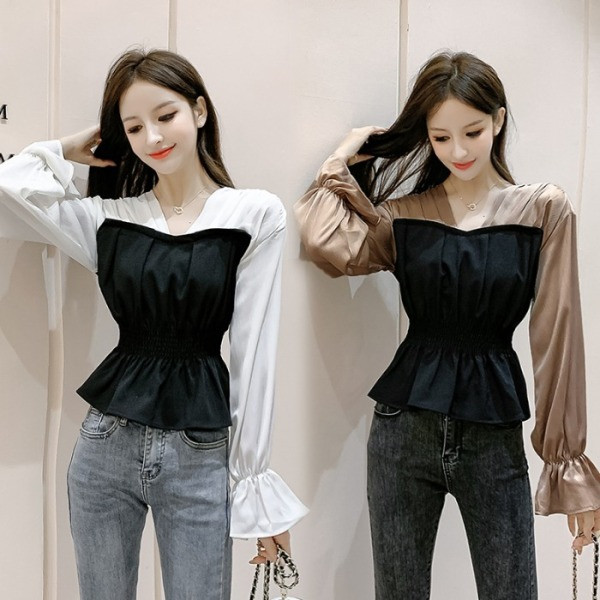 Cămașă de primăvară de damă în două culori, cu decolteu spitz