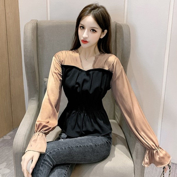 Cămașă de primăvară de damă în două culori, cu decolteu spitz