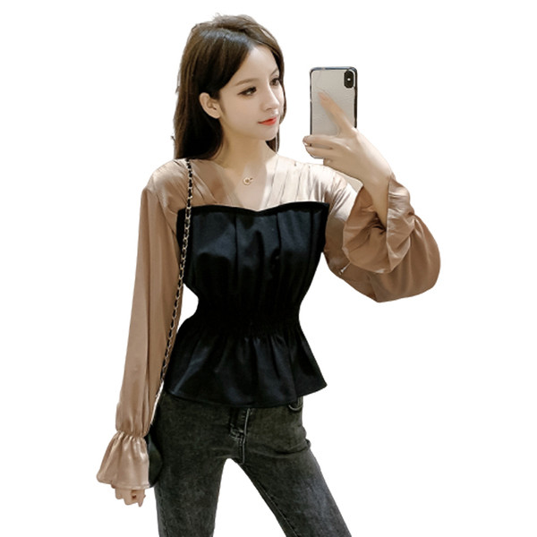 Cămașă de primăvară de damă în două culori, cu decolteu spitz