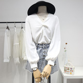 Modernūs moteriški šifoniniai marškiniai su špico iškirpte ir ilgomis rankovėmis