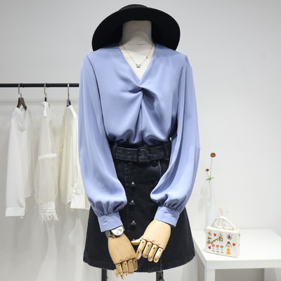 Modernūs moteriški šifoniniai marškiniai su špico iškirpte ir ilgomis rankovėmis