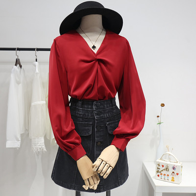 Modernūs moteriški šifoniniai marškiniai su špico iškirpte ir ilgomis rankovėmis