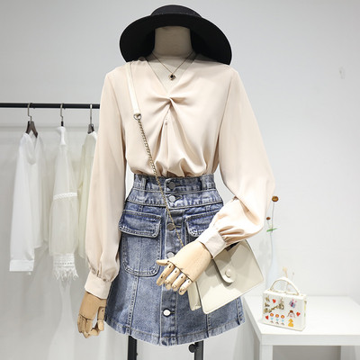 Modernūs moteriški šifoniniai marškiniai su špico iškirpte ir ilgomis rankovėmis