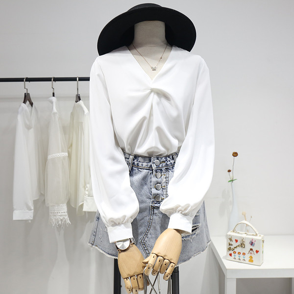 Modernūs moteriški šifoniniai marškiniai su špico iškirpte ir ilgomis rankovėmis